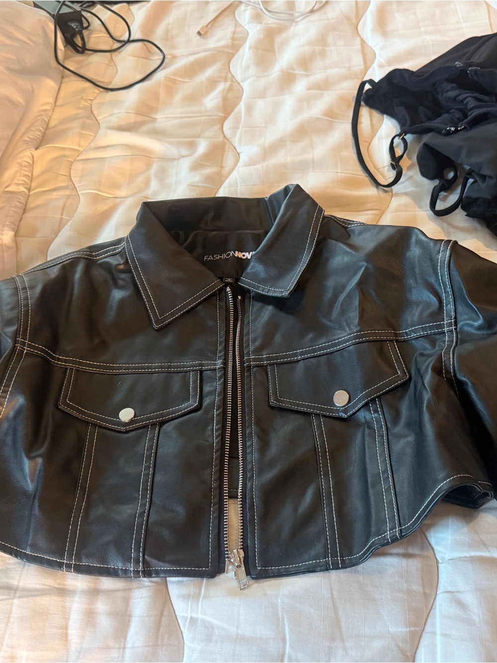 Fashion Nova Black Faux Leather Cropped Jacket with White Topstitching